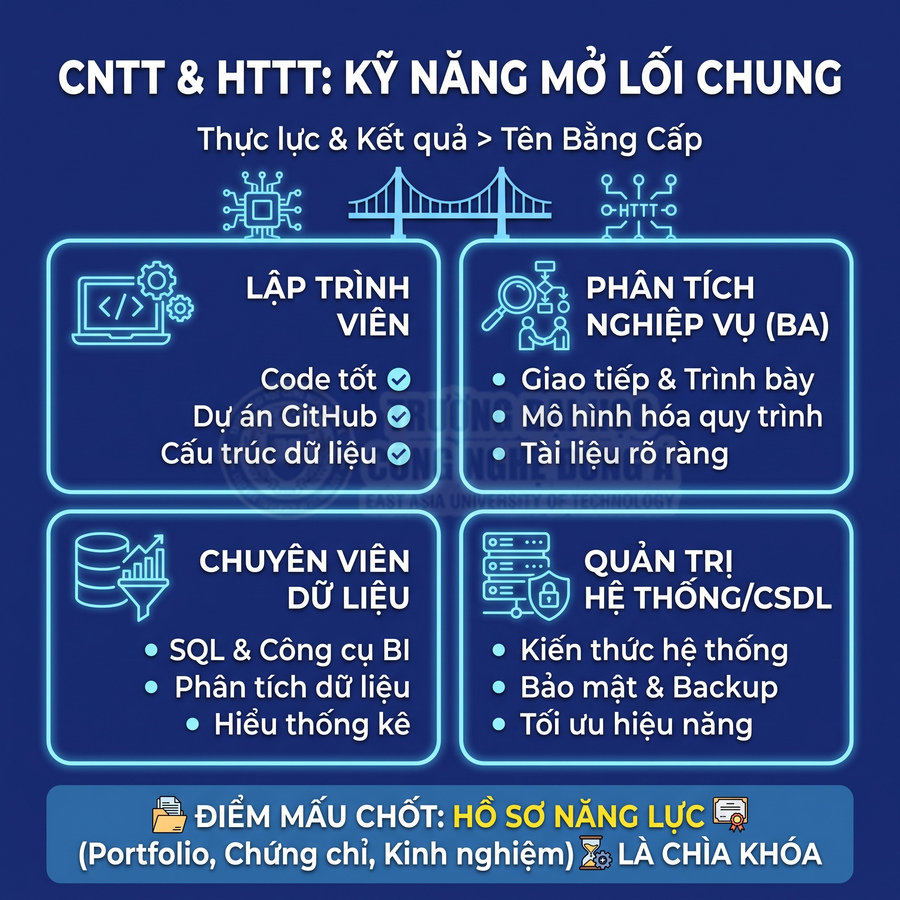 Infographic kỹ năng CNTT và HTTT cho lập trình viên, BA, chuyên viên dữ liệu, quản trị hệ thống CSDL