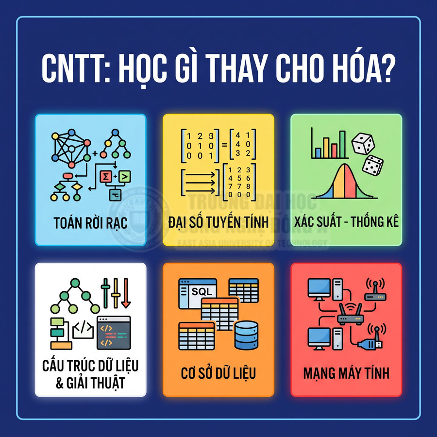 Các môn học CNTT thay cho hóa gồm toán rời rạc, đại số tuyến tính, xác suất thống kê, cấu trúc dữ liệu, cơ sở dữ liệu, mạng máy tính