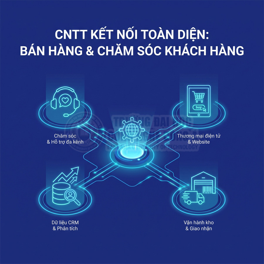Minh họa hệ thống CNTT kết nối bán hàng, chăm sóc khách hàng, thương mại điện tử, dữ liệu CRM và vận hành kho