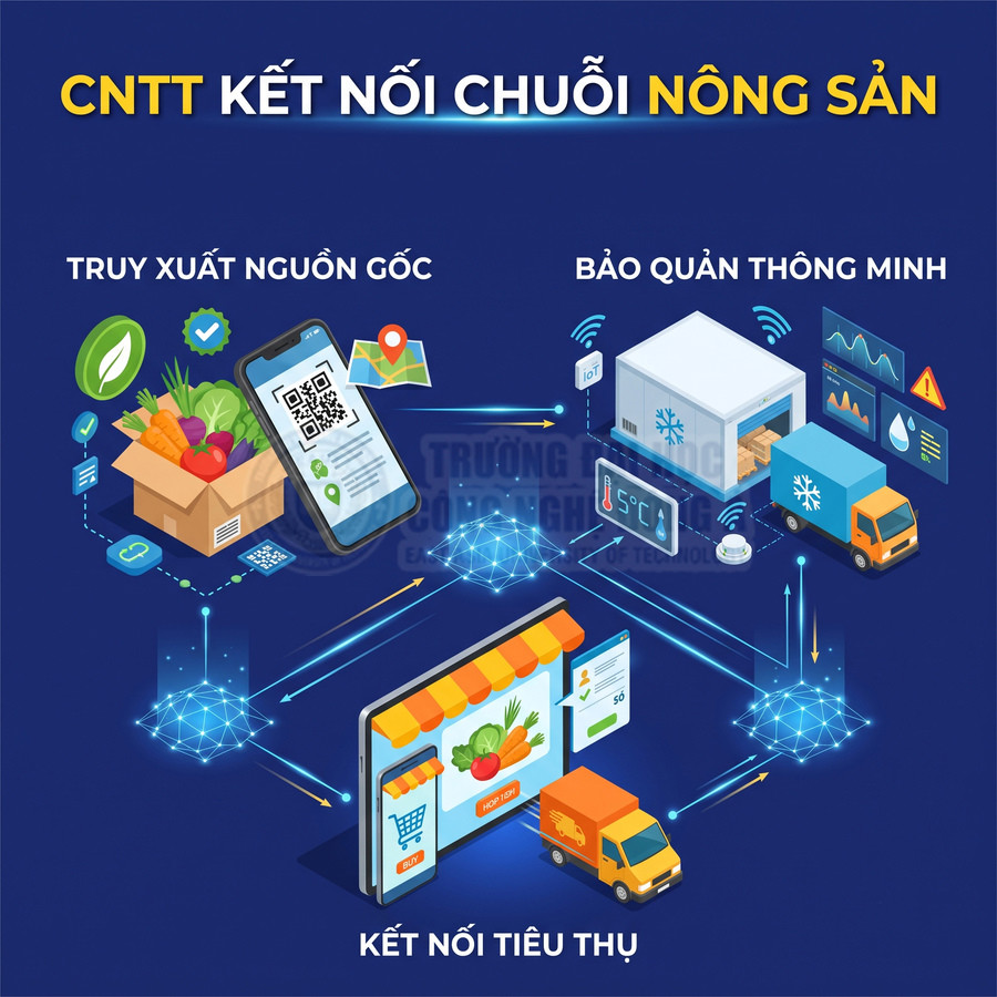 Minh họa CNTT kết nối chuỗi nông sản với truy xuất nguồn gốc bằng mã QR, bảo quản lạnh thông minh và kết nối tiêu thụ trực tuyến