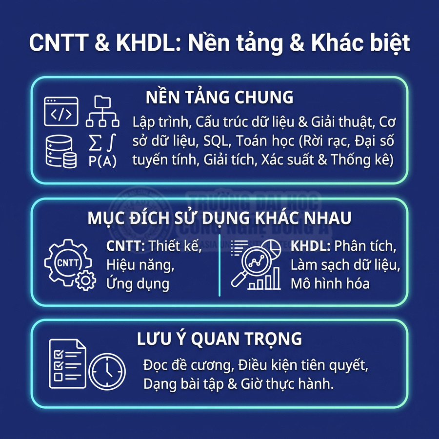 So sánh ngành CNTT và KHDL về nền tảng chung, mục đích sử dụng và lưu ý khi học.