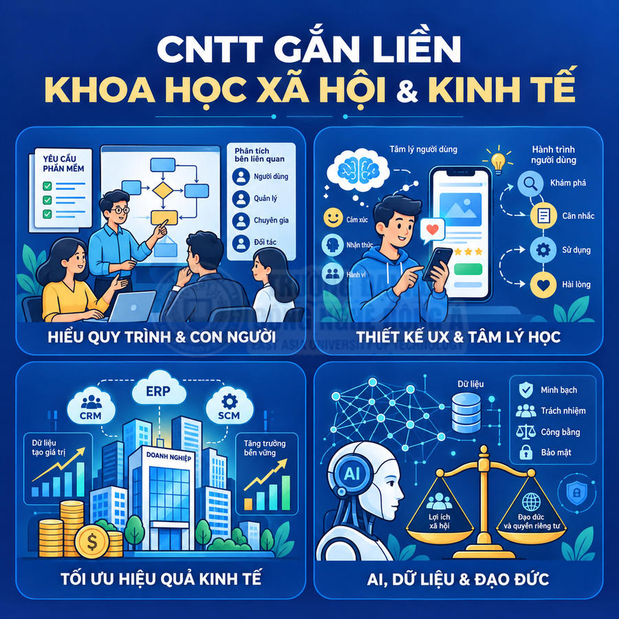 Minh họa mối liên hệ giữa công nghệ thông tin với khoa học xã hội, kinh tế, UX, AI và đạo đức