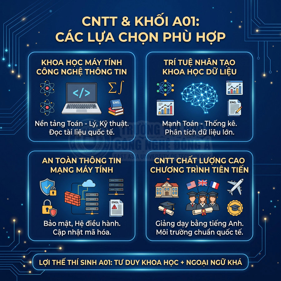 Infographic các ngành CNTT khối A01: khoa học máy tính, AI, an toàn thông tin, chương trình chất lượng cao