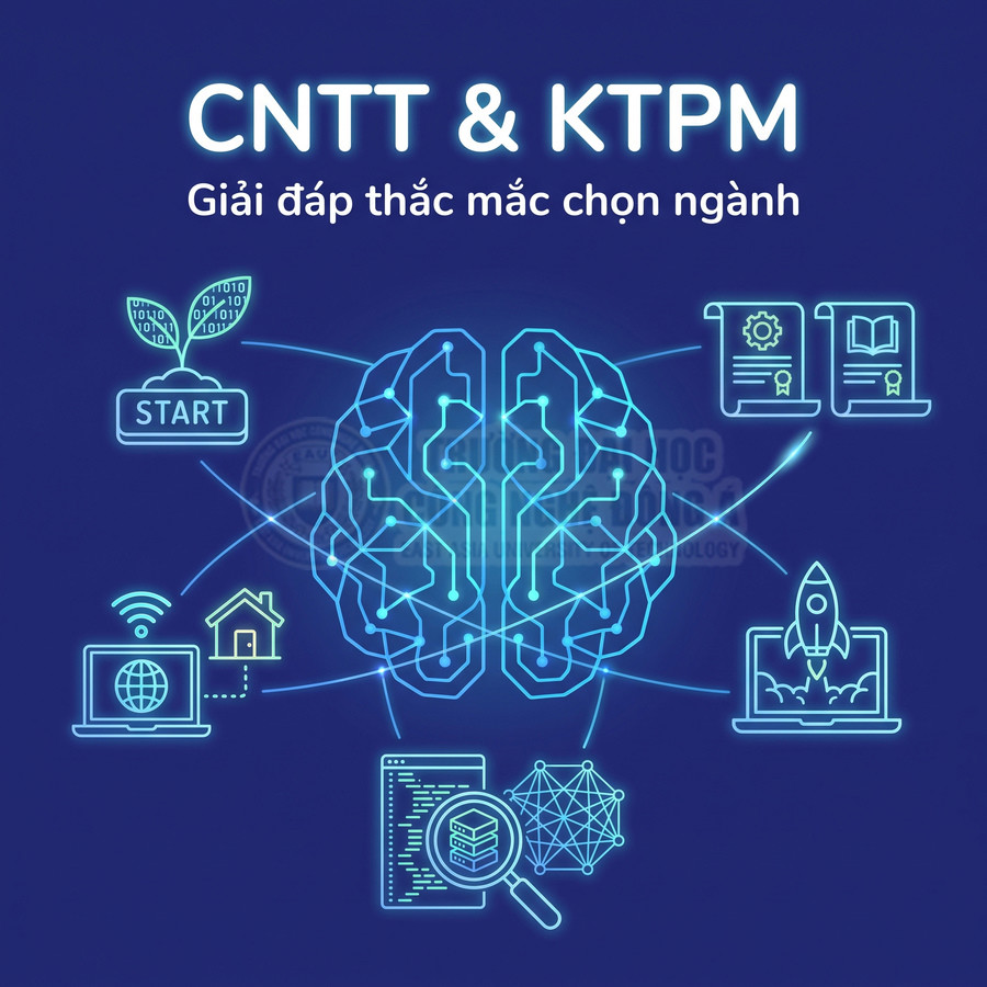 Hình minh họa tư vấn chọn ngành CNTT và KTPM với bộ não công nghệ, lập trình, mạng và trí tuệ nhân tạo