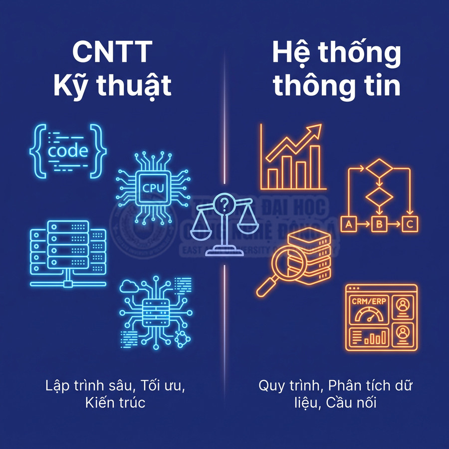 So sánh ngành CNTT kỹ thuật và hệ thống thông tin với các biểu tượng lập trình, dữ liệu, phân tích và quy trình