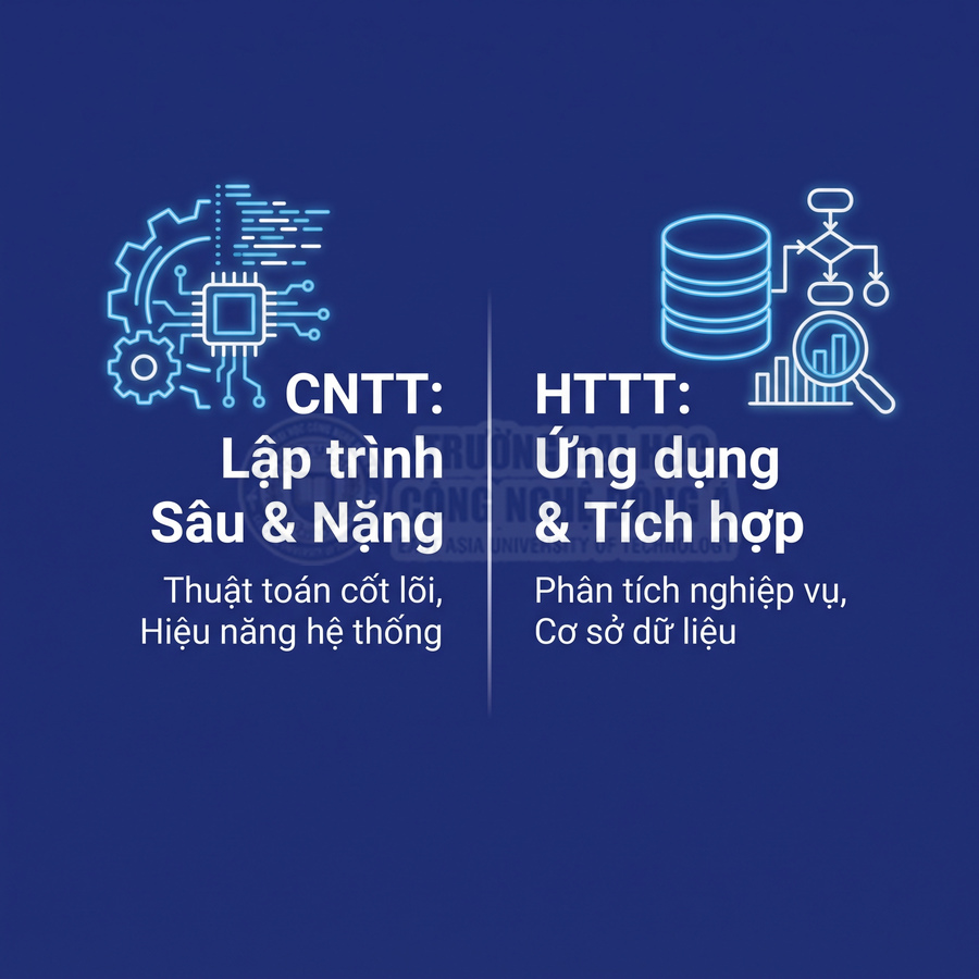So sánh ngành CNTT lập trình sâu nặng với HTTT ứng dụng tích hợp, nhấn mạnh thuật toán và phân tích dữ liệu