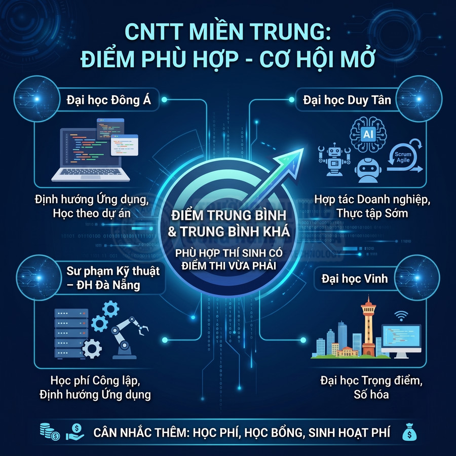 Infographic ngành CNTT miền Trung giới thiệu các trường đại học phù hợp cho thí sinh điểm trung bình và trung bình khá