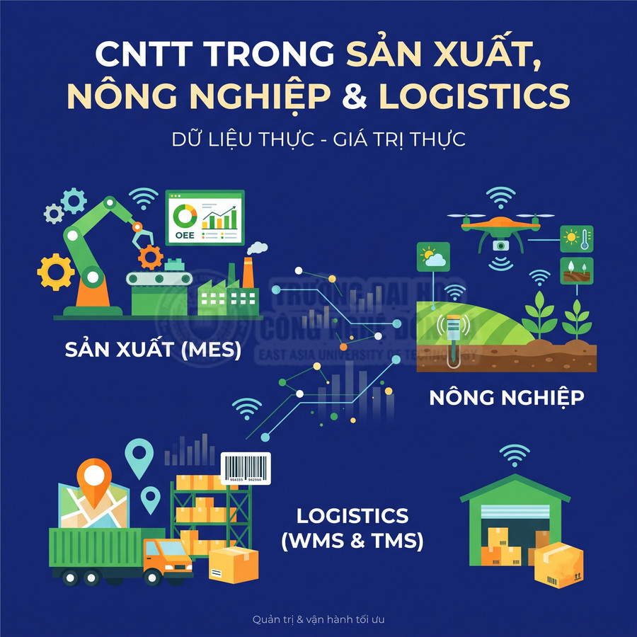 Ứng dụng CNTT trong sản xuất, nông nghiệp và logistics với robot nhà máy, drone, xe tải và kho hàng