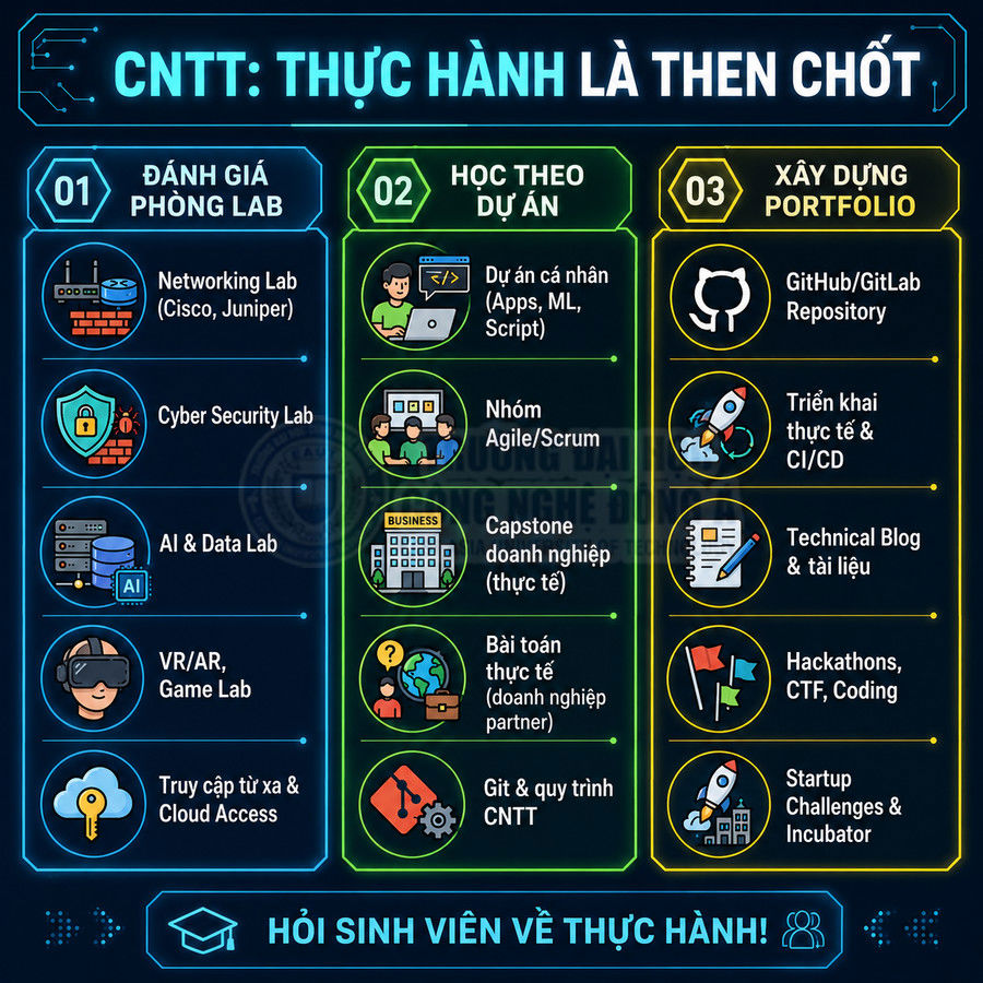 Infographic chương trình học CNTT nhấn mạnh thực hành qua lab, dự án và xây dựng portfolio cho sinh viên