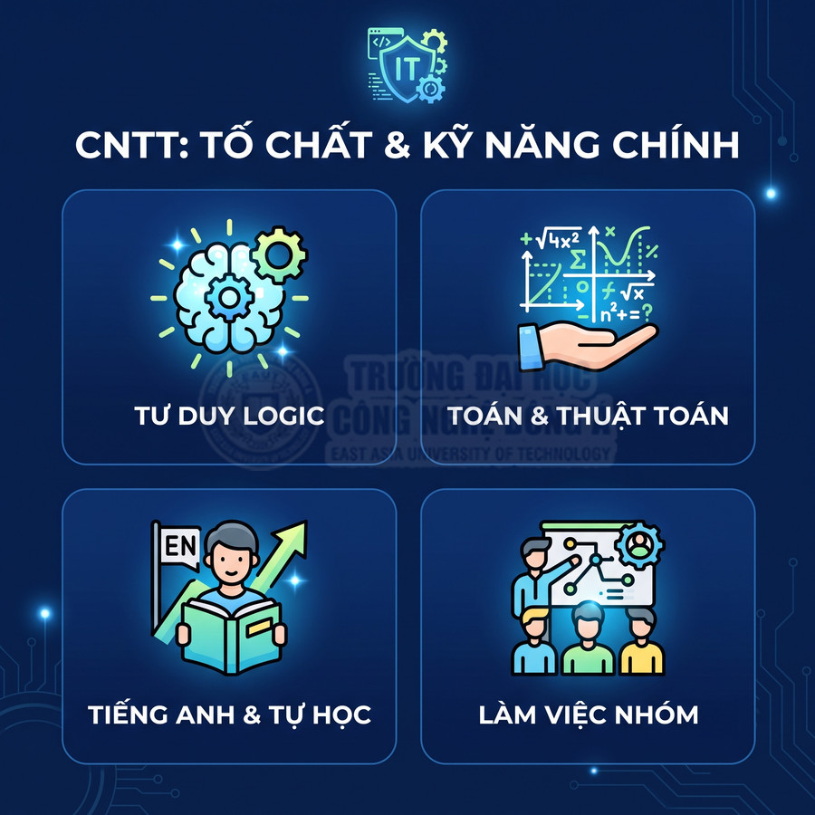 Infographic kỹ năng chính ngành CNTT gồm tư duy logic, toán thuật toán, tiếng Anh tự học và làm việc nhóm