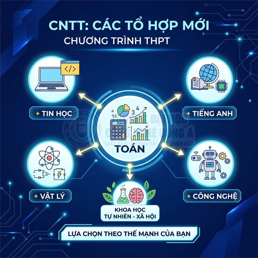 Sơ đồ tổ hợp môn CNTT THPT với Toán trung tâm kết hợp Tin học, Tiếng Anh, Vật lý, Công nghệ, Khoa học tự nhiên xã hội