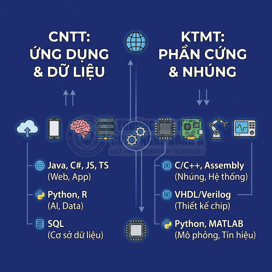 So sánh ngành CNTT ứng dụng dữ liệu và Kỹ thuật máy tính phần cứng nhúng cùng các ngôn ngữ lập trình