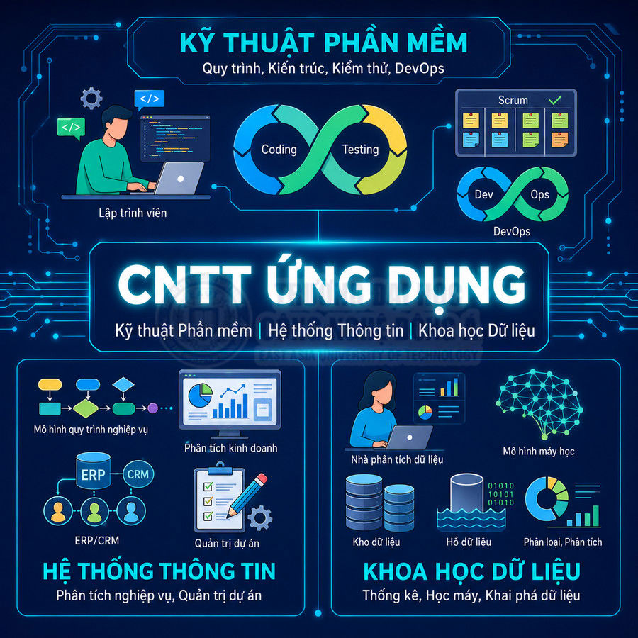 Minh họa ngành CNTT ứng dụng với kỹ thuật phần mềm, hệ thống thông tin và khoa học dữ liệu, mô tả lập trình và phân tích dữ liệu