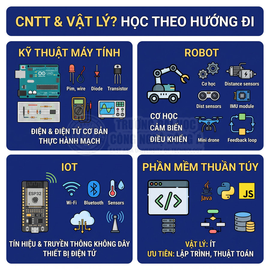 Infographic giới thiệu các hướng học CNTT và Vật lý: kỹ thuật máy tính, robot, IoT và phần mềm thuần túy