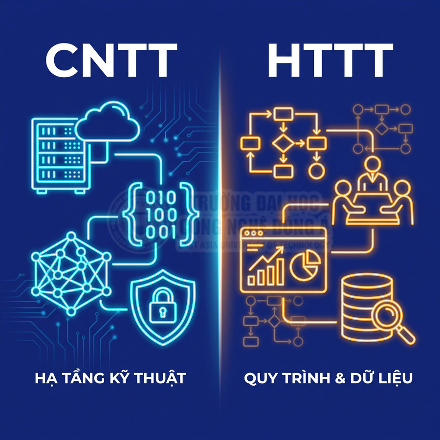 So sánh ngành Công nghệ thông tin và Hệ thống thông tin với biểu tượng hạ tầng kỹ thuật, quy trình và dữ liệu