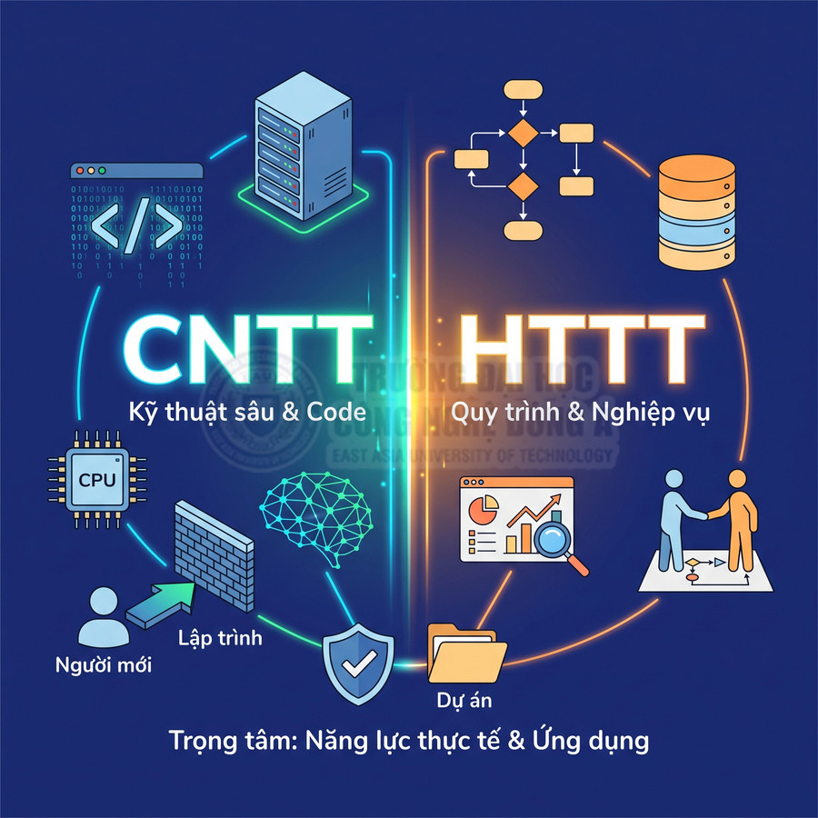 So sánh ngành CNTT và Hệ thống thông tin với các biểu tượng lập trình, máy chủ, quy trình và dự án ứng dụng thực tế