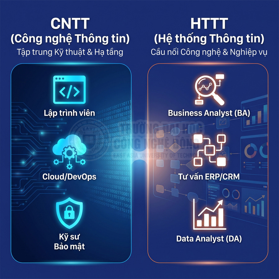 So sánh ngành CNTT và Hệ thống Thông tin với các vị trí Lập trình viên, Cloud DevOps, BA, tư vấn ERP CRM, Data Analyst