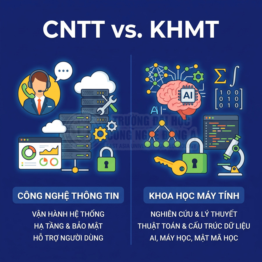 So sánh ngành Công nghệ thông tin và Khoa học máy tính với các biểu tượng hệ thống, AI, bảo mật, nghiên cứu
