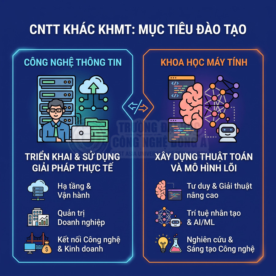 So sánh mục tiêu đào tạo ngành Công nghệ thông tin và Khoa học máy tính với các kỹ năng và lĩnh vực ứng dụng