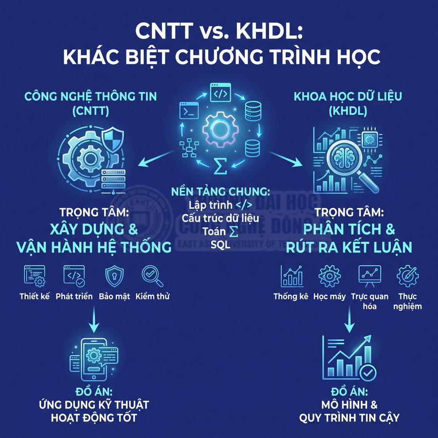 So sánh chương trình học Công nghệ thông tin và Khoa học dữ liệu, từ nền tảng chung đến trọng tâm và đồ án thành phẩm