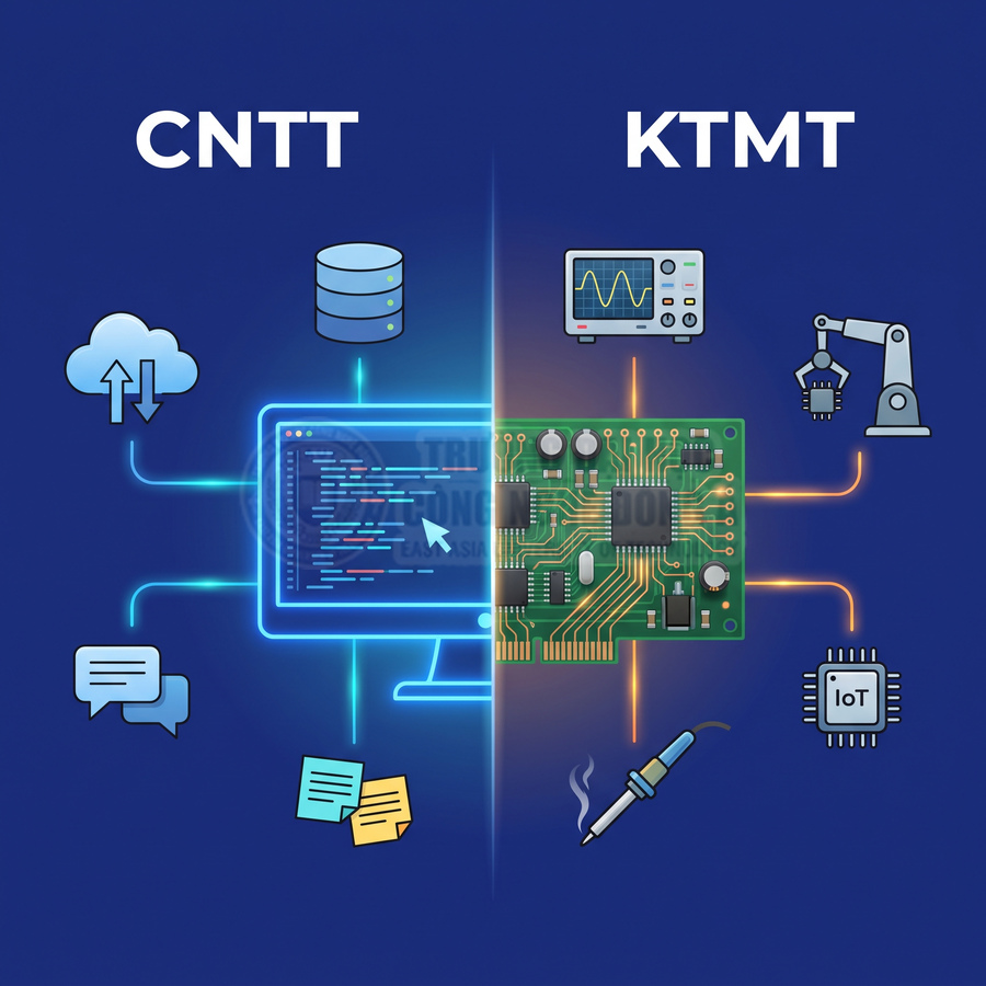 So sánh ngành CNTT với Kỹ thuật máy tính qua hình minh họa lập trình và mạch điện tử