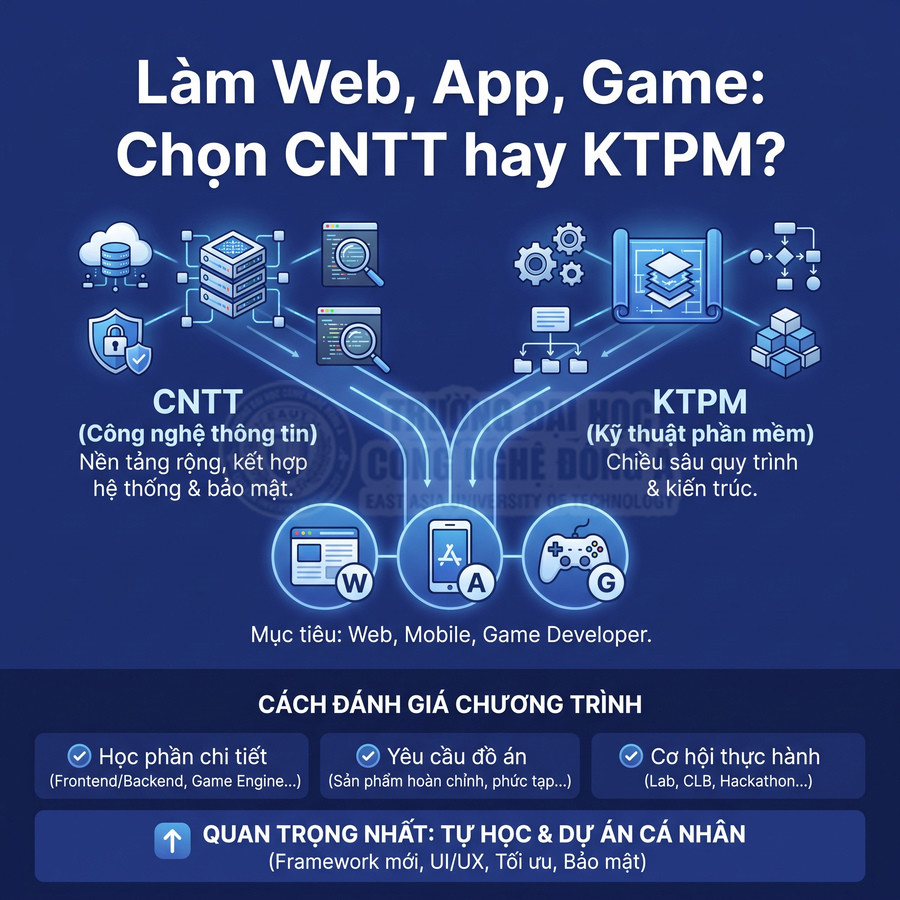 So sánh CNTT và Kỹ thuật phần mềm khi học làm web, ứng dụng di động và game, kèm tiêu chí đánh giá chương trình học