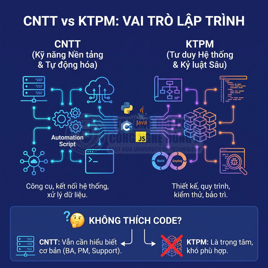 So sánh vai trò CNTT và KTPM trong lập trình, từ tự động hóa và xử lý dữ liệu đến thiết kế, kiểm thử và bảo trì hệ thống