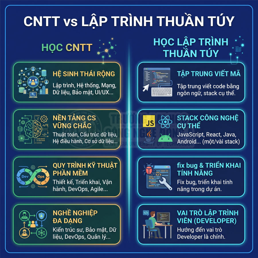 Infographic so sánh học CNTT và học lập trình thuần túy với các kỹ năng và định hướng nghề nghiệp