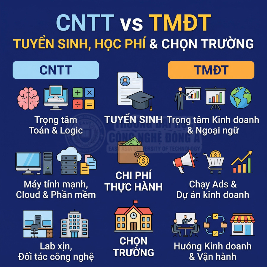 So sánh ngành CNTT và TMĐT về tuyển sinh, chi phí thực hành và tiêu chí chọn trường