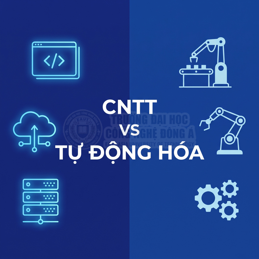 So sánh Công nghệ thông tin và Tự động hóa với biểu tượng lập trình, điện toán đám mây, máy chủ và cánh tay robot