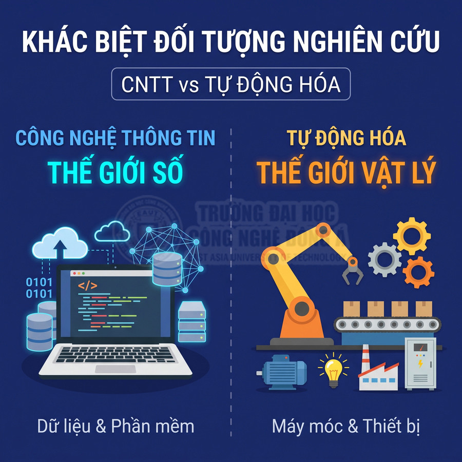 So sánh công nghệ thông tin với tự động hóa, minh họa máy tính và dữ liệu bên cạnh cánh tay robot và máy móc công nghiệp