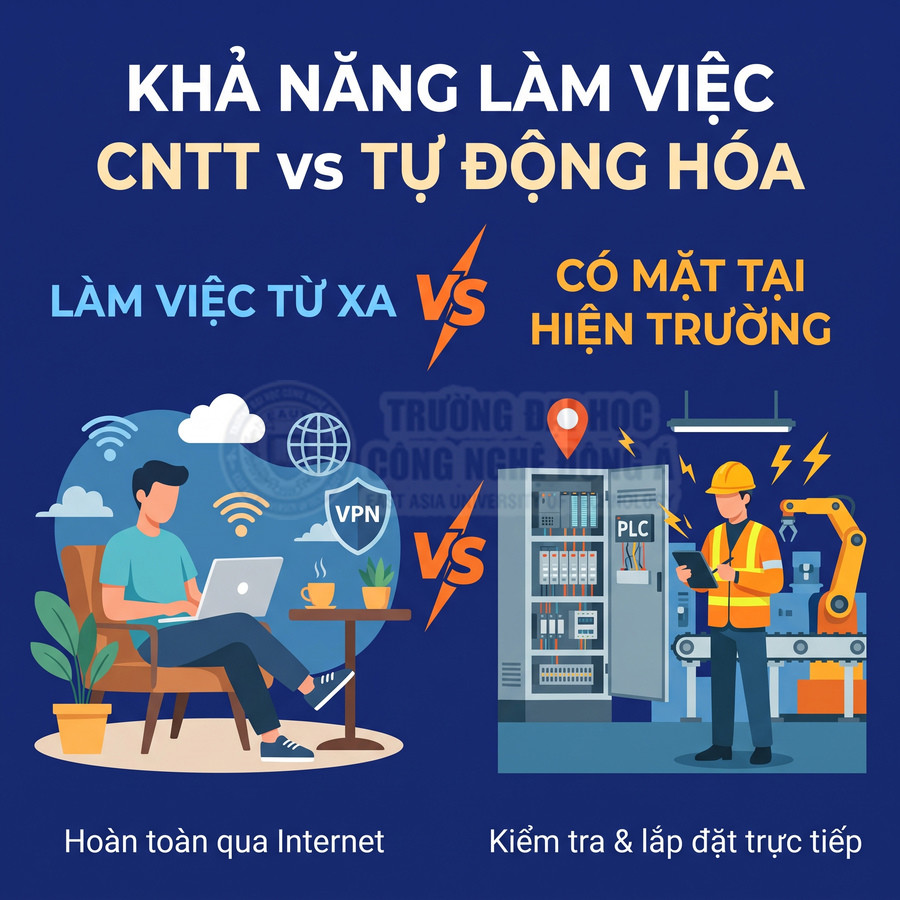Minh họa so sánh công việc CNTT làm từ xa qua Internet với tự động hóa cần kiểm tra và lắp đặt trực tiếp tại hiện trường