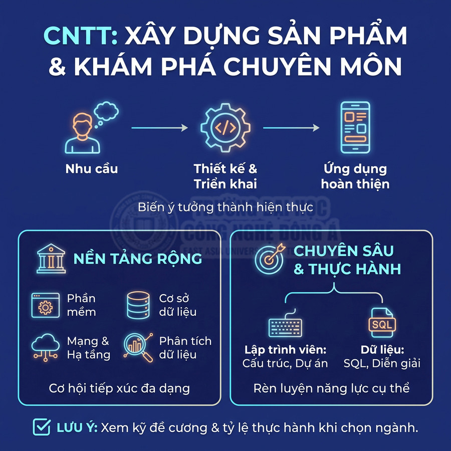 Nội dung ngành CNTT về xây dựng sản phẩm, nền tảng công nghệ và kỹ năng lập trình, dữ liệu thực hành