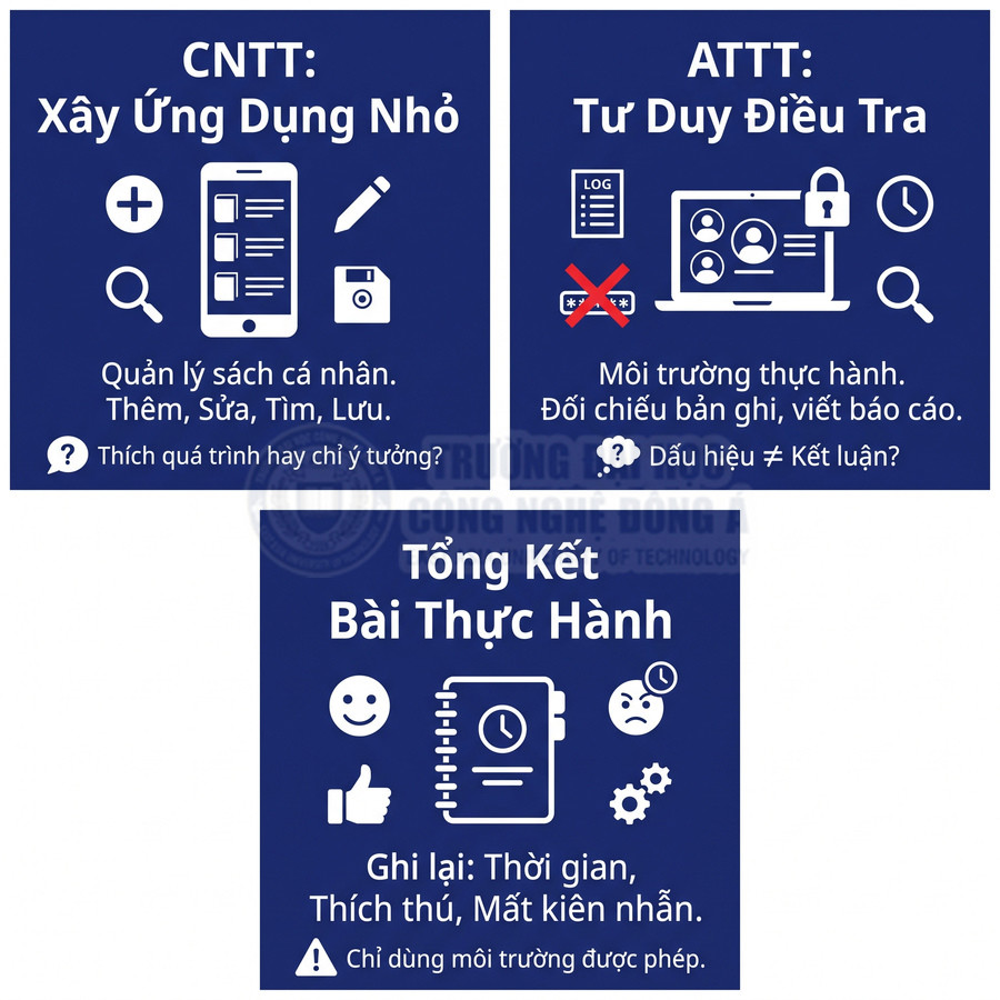 Tổng kết bài thực hành CNTT và ATTT về xây dựng ứng dụng nhỏ, tư duy điều tra và ghi nhận trải nghiệm
