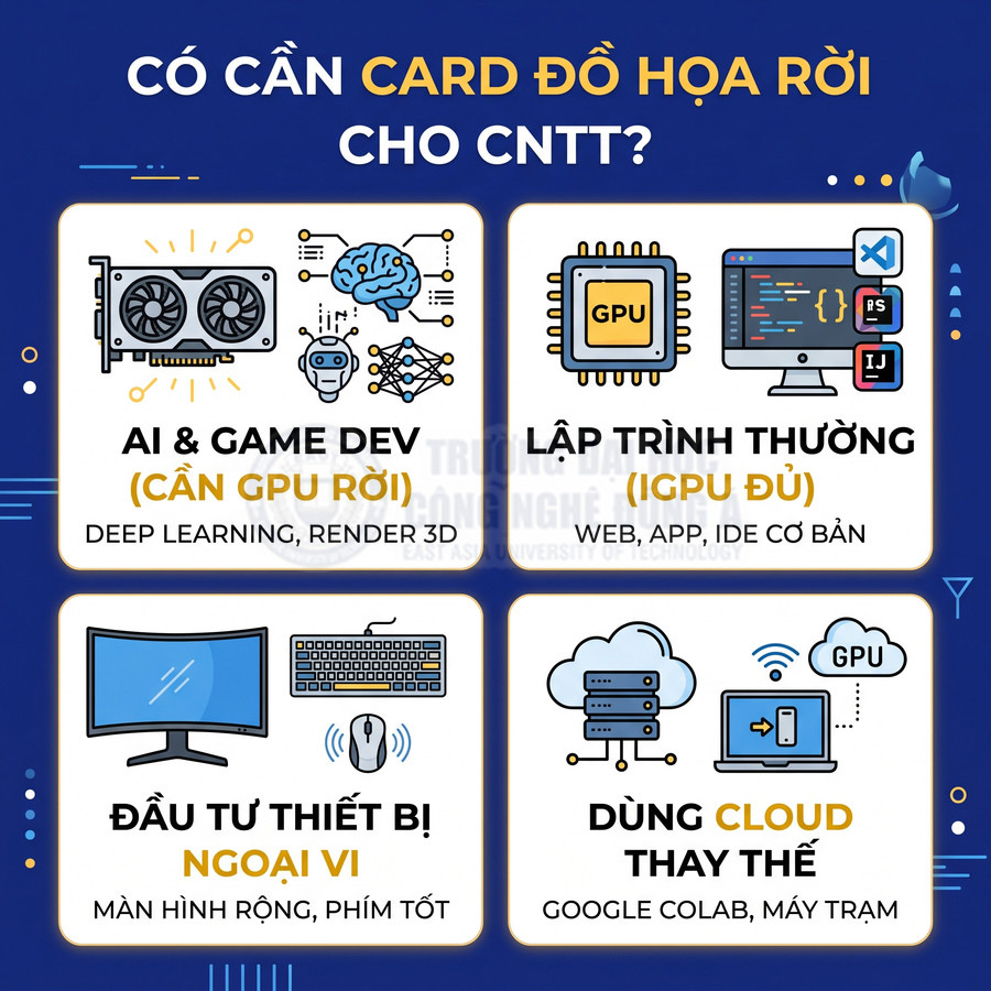 Infographic so sánh nhu cầu dùng card đồ họa rời cho AI, game dev, lập trình, thiết bị ngoại vi và cloud