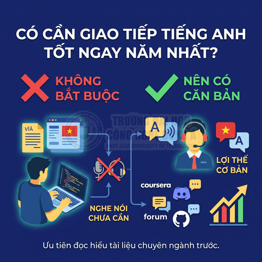 Infographic tư vấn sinh viên năm nhất có cần giao tiếp tiếng Anh tốt hay chỉ cần tiếng Anh cơ bản