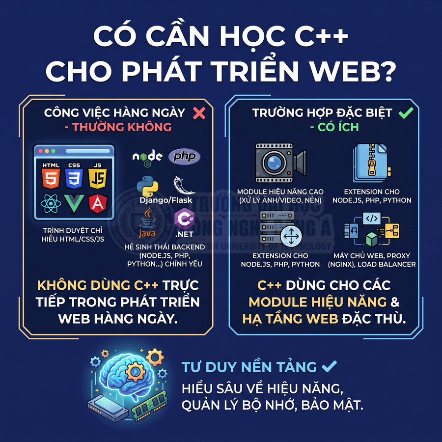 Infographic giải thích khi nào cần học C++ cho phát triển web, so sánh công việc web hằng ngày và các trường hợp đặc biệt