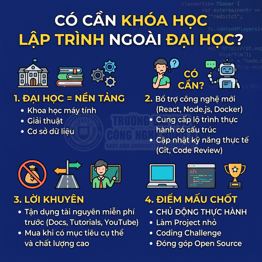 Infographic tư vấn có nên học khóa lập trình ngoài đại học, nêu lợi ích, lời khuyên và điểm mấu chốt khi học lập trình