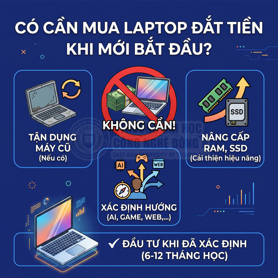 Infographic tư vấn tận dụng laptop cũ, nâng cấp RAM SSD và đầu tư laptop mới sau khi xác định nhu cầu học tập