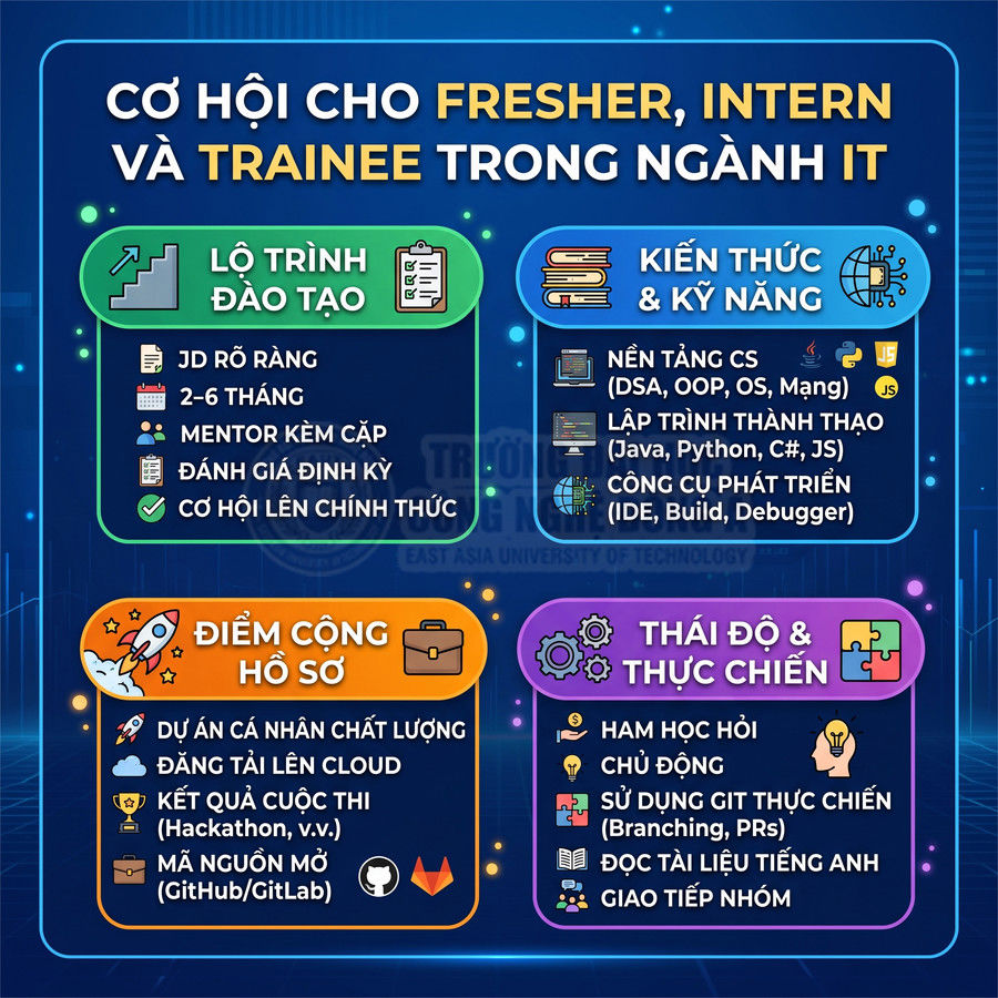 Infographic cơ hội cho fresher, intern, trainee ngành IT với lộ trình đào tạo, kỹ năng, điểm cộng hồ sơ và thái độ cần có