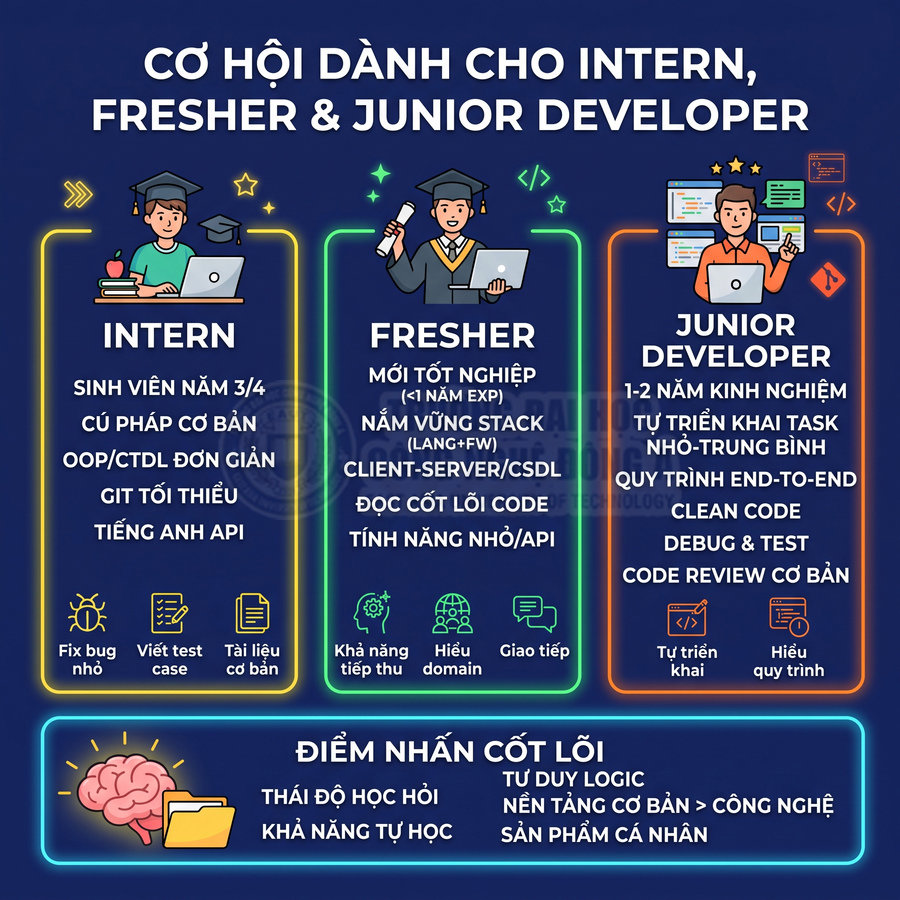 Infographic mô tả yêu cầu kỹ năng và cơ hội việc làm cho intern, fresher và junior developer ngành lập trình