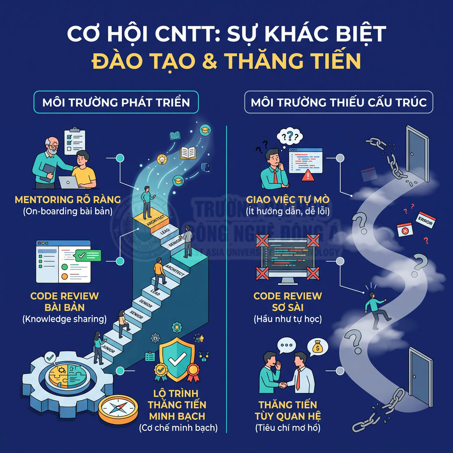 Infographic so sánh môi trường phát triển và môi trường thiếu cấu trúc trong cơ hội thăng tiến ngành CNTT