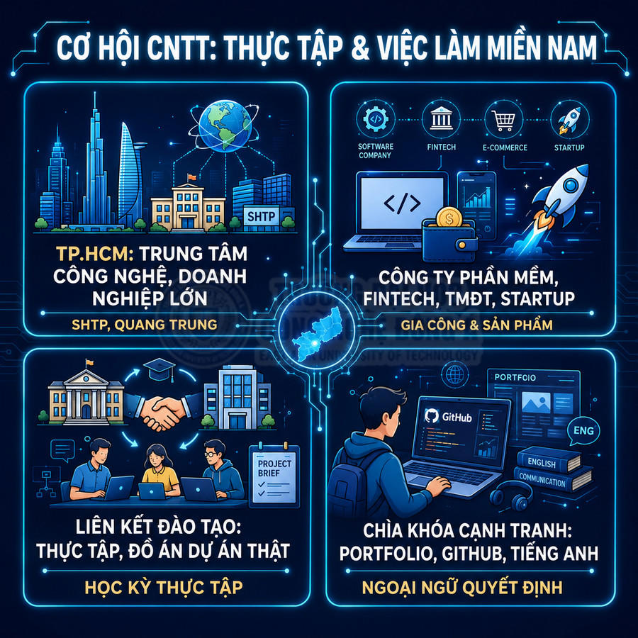 Infographic cơ hội thực tập và việc làm CNTT tại miền Nam, nhấn mạnh TP.HCM, doanh nghiệp phần mềm và kỹ năng portfolio, GitHub