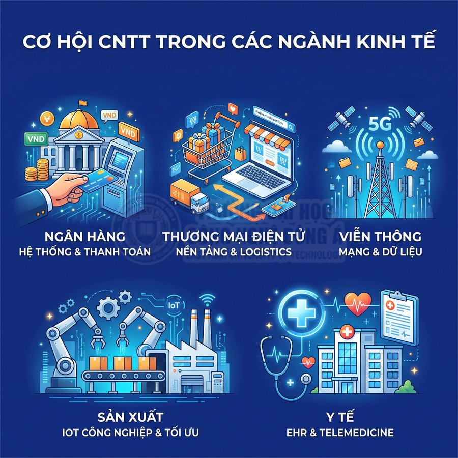 Minh họa cơ hội ứng dụng công nghệ thông tin trong ngân hàng, thương mại điện tử, viễn thông, sản xuất và y tế