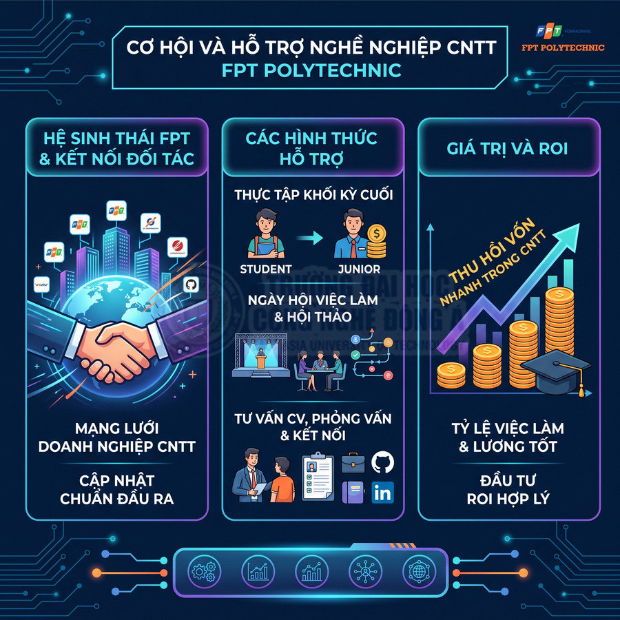 Infographic cơ hội và hỗ trợ nghề nghiệp CNTT tại FPT Polytechnic với hệ sinh thái doanh nghiệp và giá trị việc làm