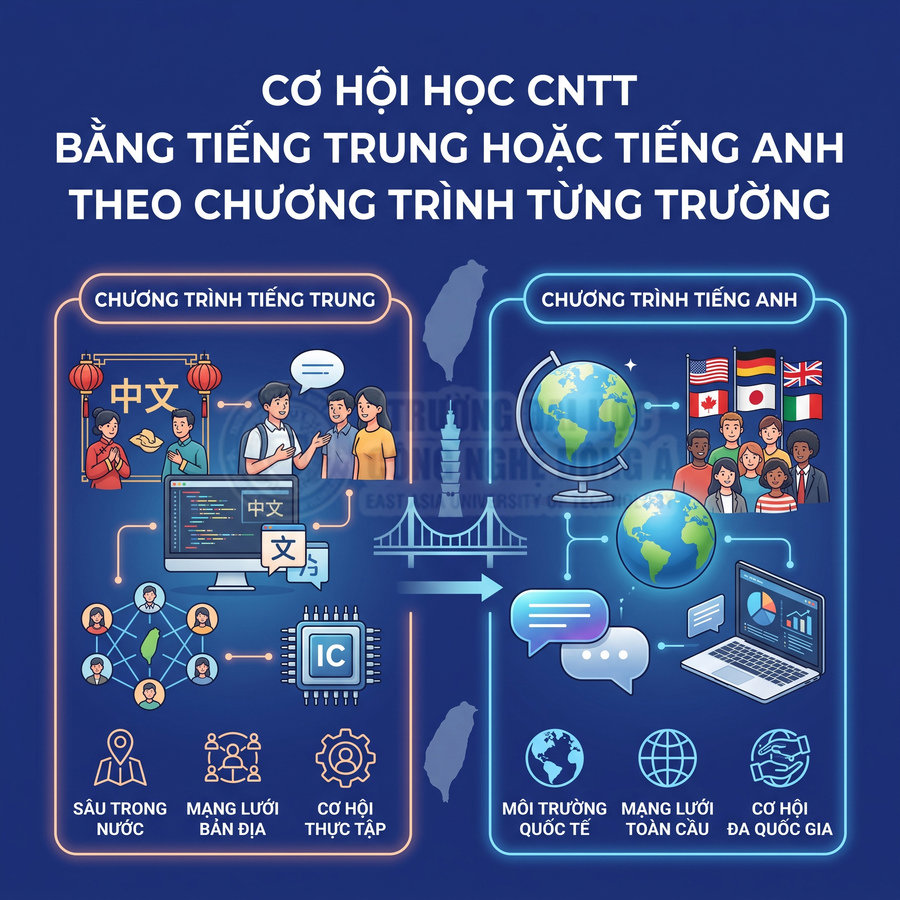 Poster giới thiệu chương trình học CNTT bằng tiếng Trung hoặc tiếng Anh với cơ hội thực tập và môi trường quốc tế