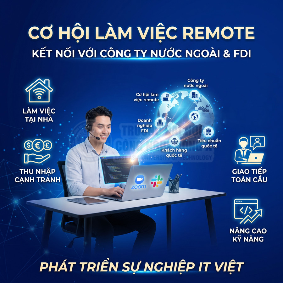 Lập trình viên đeo tai nghe làm việc remote trên laptop có logo Zoom và Slack, kết nối khách hàng quốc tế