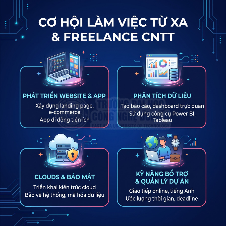 Infographic cơ hội làm việc từ xa freelance CNTT với các mảng lập trình web app, phân tích dữ liệu, cloud bảo mật, quản lý dự án