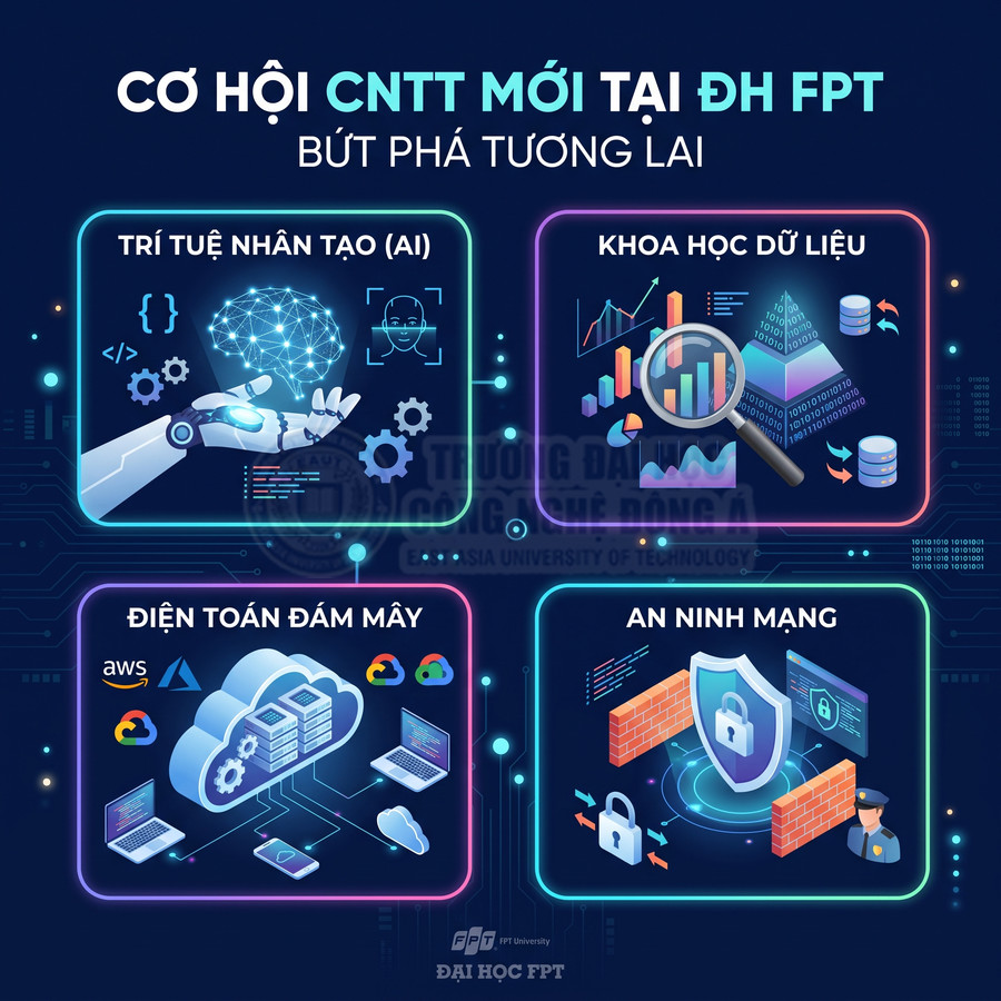 Poster giới thiệu các ngành CNTT mới tại Đại học FPT gồm AI, khoa học dữ liệu, điện toán đám mây và an ninh mạng
