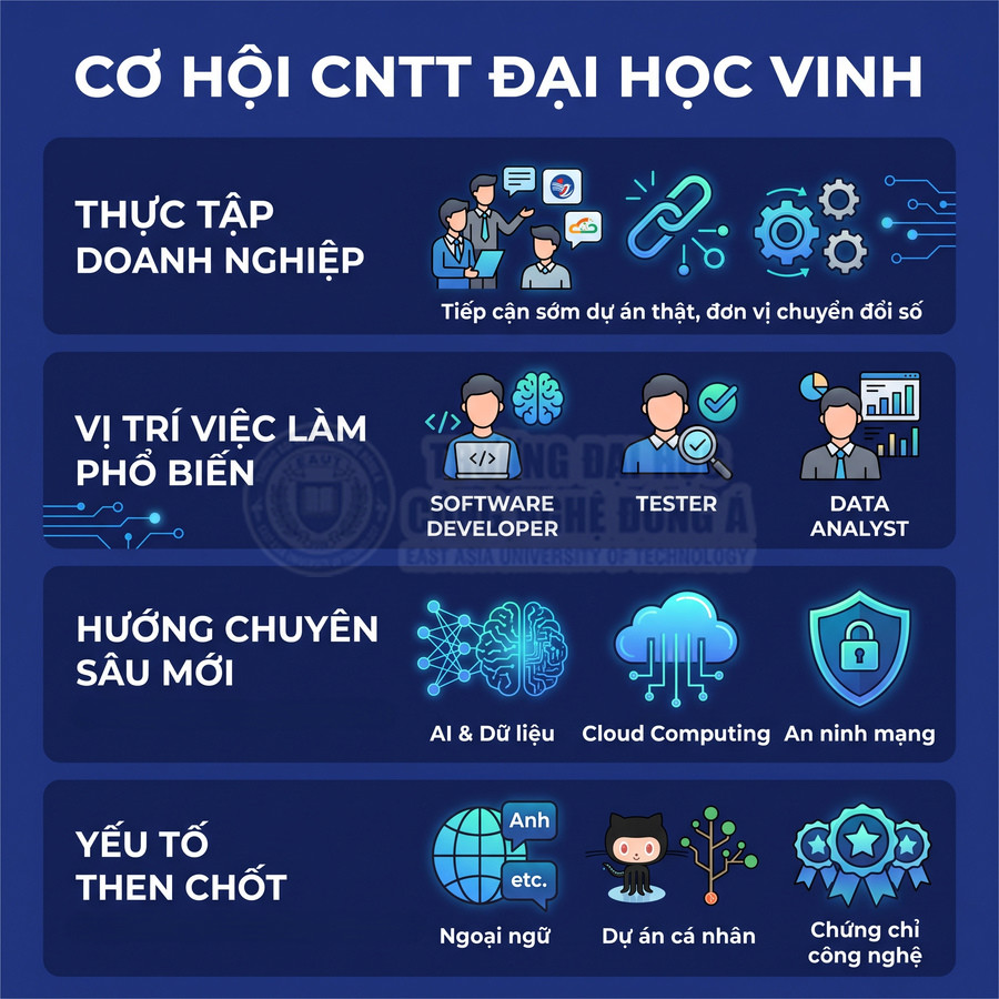 Cơ hội ngành CNTT Đại học Vinh với thực tập doanh nghiệp, vị trí việc làm, hướng chuyên sâu và yếu tố then chốt